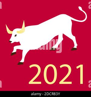 2021 anni. Cinese nuovo anno 2021 anno del bue. Carta oro taglio bue carattere. Sfondo rosso. Anno del toro. Vettore Illustrazione Vettoriale