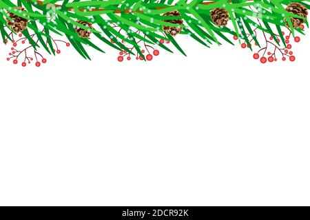 Confine di Natale o Capodanno con rami di abete, coni di pino e bacche isolati su sfondo bianco. Ghirlanda di aghi in abete, telaio twig sempreverde. Vettore Illustrazione Vettoriale