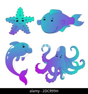 Set di simpatici animali marini. Serie di animali marini a colori su sfondo bianco. Raccolta di pesci e animali marini. Vettore piano gradiente cartoon Illustrazione Vettoriale