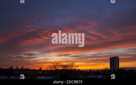 Merton, Londra, Regno Unito. 23 novembre 2020. Dawn si rompe sopra i tetti con il cielo nuvoloso colorato e un chiaro gelo terra nel sud-ovest di Londra Borough di Merton. Credit: Malcolm Park/Alamy Live News. Foto Stock