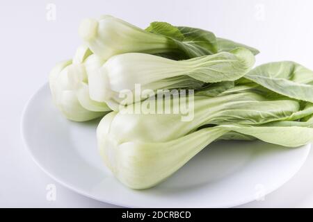 Alcuni grappoli di bok choy su un piatto isolato su uno sfondo bianco Foto Stock