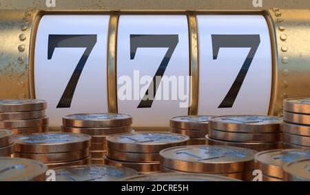 Slot machine nel casinò e molte monete. Illustrazione con rendering 3D. Foto Stock