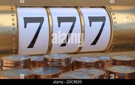 Slot machine nel casinò che mostra 777 e molte monete. Illustrazione con rendering 3D. Foto Stock