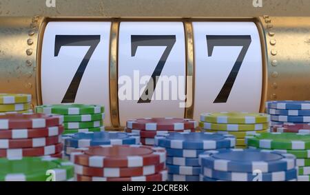 Slot machine nel casinò e molte monete. Illustrazione con rendering 3D. Foto Stock