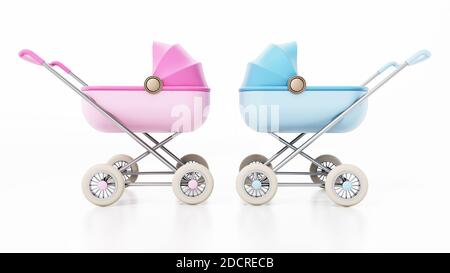 Passeggini retrò rosa e blu isolati su sfondo bianco. Illustrazione 3D. Foto Stock