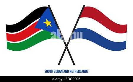 South Sudan e Paesi Bassi Bandiere incrociate e ondulate stile piatto. Proporzione ufficiale. Colori corretti. Foto Stock