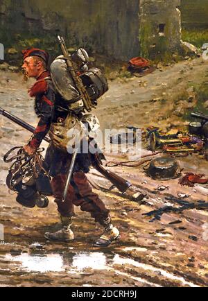 Granadiere della Garde imperiale in dovere d'acqua . 16° reggimento (Altmark) 7° reggimento, di von Bredow Brigade. Jean-Baptiste Édouard DETAILLE, 1848 – 1912, Alphonse de Neuville, 1835-1885, Francia, francese, tedesco, Germania, ( Battaglia di Rezonville agosto 1870 ) Foto Stock