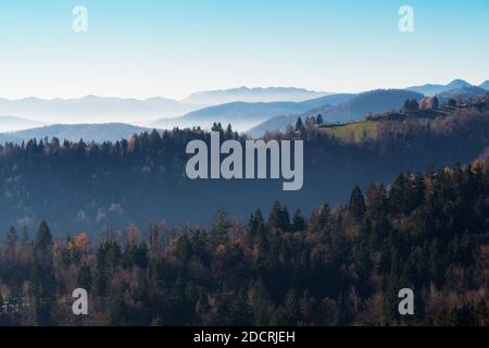 Mattina creste forestali e strati di colline in autunno in Slovenia. Concetti di tempo, natura, ambiente e silvicoltura. Foto Stock