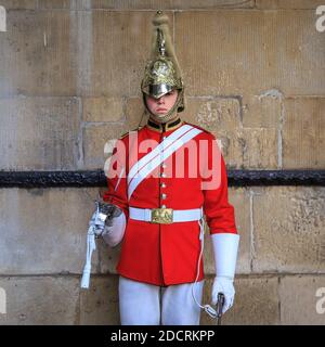 Soldato di guardie della regina, divisione di uso domestico, in piedi di fronte a cavallo le protezioni edificio, Whitehall, Londra Foto Stock