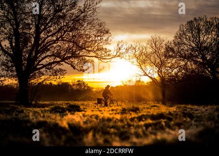 Un ciclista corre attraverso il gelo della mattina presto durante l'alba a Epping Forest, Londra est. Foto Stock