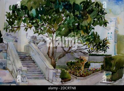 Grande albero di magnolia e una scala con chimera a Livadia acquerello Foto Stock