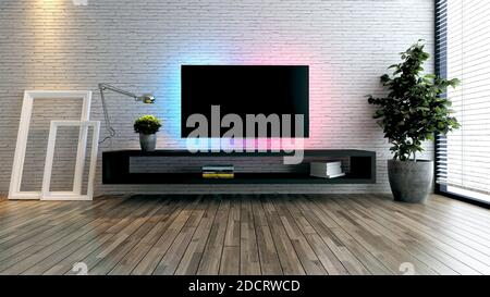 Spazio tv minimalista per uffici o case moderni. Idea di design pensato con pareti in mattoni bianchi, cornici fotografiche, lampada da tavolo e rendering 3D delle piante Foto Stock