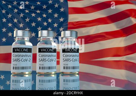 Vaccino Covid-19 sullo sfondo delle bandiere USA Foto Stock