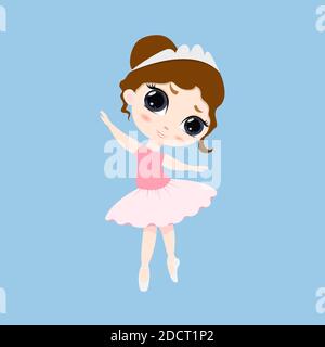 Ballerina carina piccola danza. Ballerina ragazza in vestito tutu rosa. Bel bambino piatto cartoon vettore illustrazione isolato su sfondo blu. Illustrazione Vettoriale