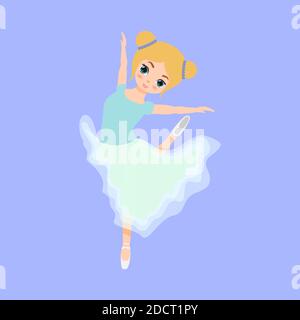 Ballerina carina piccola danza. Ballerina ragazza in abito tutu blu. Bel bambino piatto cartoon vettore illustrazione isolato su sfondo blu. Illustrazione Vettoriale