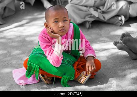 Giovane novizio Nun volto come lei guarda la televisione a Aung Myae Oo monastica libera Scuola di Educazione, Sagaing, Mandalay, Myanmar (Birmania), Asia nel mese di febbraio Foto Stock