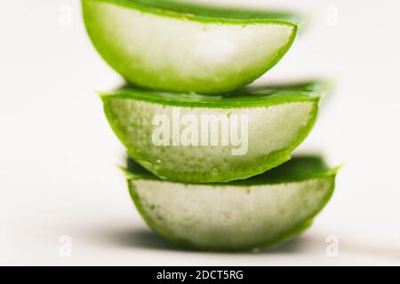 vista ravvicinata delle foglie di aloe vera tagliate su bianco superficie Foto Stock