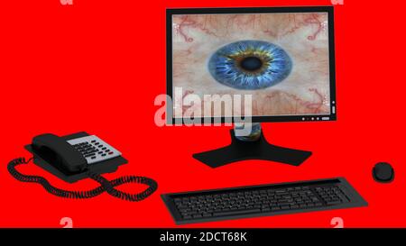 desktop, tastiera e mouse con telefono isolato su sfondo rosso. rendering 3d Foto Stock