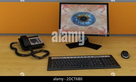 scrivania, tastiera e mouse con telefono isolato sulla scrivania. rendering 3d Foto Stock