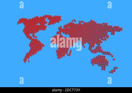 Mappa del mondo fatta di colonne rosse. illustrazione 3d. Foto Stock