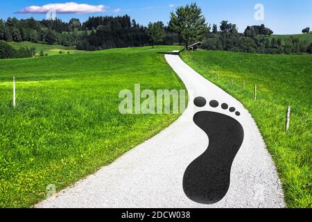 Grande impronta nera su una strada in un paesaggio rurale Foto Stock