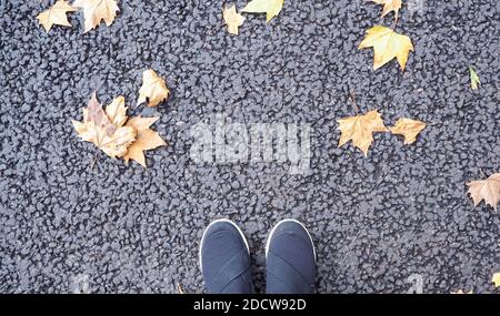 Vista dalle scarpe dall'alto verso il basso. Foglie di acero a terra. Autunno stagione sfondo. Foto Stock
