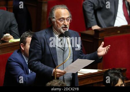 Olivier Dassault, membro del Parlamento "Les Republicans", durante una sessione di "interrogazioni al governo" all'Assemblea nazionale francese di Parigi, in Francia, il 14 febbraio 2018. Foto di Henri Szwarc/ABACAPRESS.COM Foto Stock