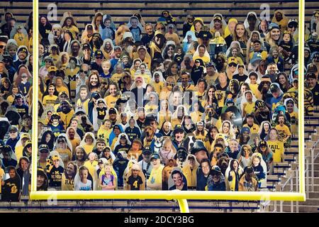 Ann Arbor, Stati Uniti. 14 novembre 2020. I tagli di cartone delle persone si siedono negli stand del Michigan Stadium alla partita di calcio tra il Michigan e il Wisconsin il 14 novembre 2020. La partecipazione ai giochi è stata limitata in occasione della pandemia COVID-19. (Foto di Dominick Sokotoff/Sipa USA) Credit: Sipa USA/Alamy Live News Foto Stock