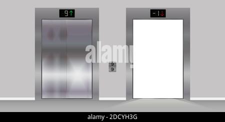 Apertura e chiusura dell'ascensore dell'edificio in metallo cromato. Illustrazione realistica. Foto Stock