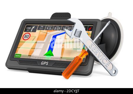 Assistenza e riparazione del dispositivo di navigazione GPS, rendering 3D isolato su sfondo bianco Foto Stock