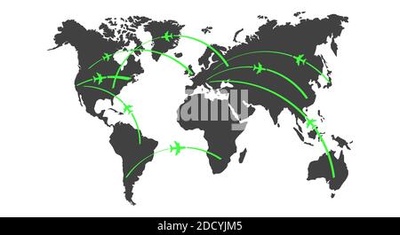 Mappa mondiale delle rotte aeree. Illustrazione piatta. Foto Stock