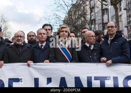 François de Rugy, Francis Kalifat, Valerie Pecresse, Eric Ciotti e Eric Woerth si uniscono a una marcia commemorativa contro l'antisemitismo a Parigi, in Francia, il 28 marzo 2018, pochi giorni dopo l'assassinio di Mireille Knoll, 85 anni, che è stato pugnalato e poi bruciato nel suo appartamento di Parigi venerdì. Come bambino nel 1942, eludeva il famigerato giro di Vel d'HIV di circa 13,000 ebrei a Parigi, che furono poi deportati nei campi di sterminio nazisti. Due uomini sono stati tenuti e posti sotto indagine formale sul suo omicidio. Foto di Samuel Boivin/ABACAPRESS.COM Foto Stock