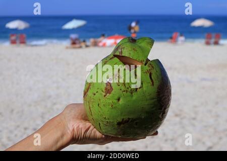 Fresco giovane cocco a portata di mano con spiaggia di sabbia sfocata e. mare blu sullo sfondo Foto Stock