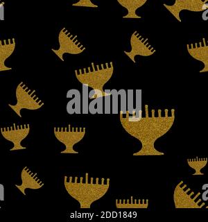 Festa ebraica Hanukkah senza cuciture motivo sfondo. Golden Menorah isolato su nero. Foto Stock