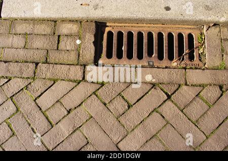 Primo piano di una rete di drenaggio della pioggia in strada Foto Stock