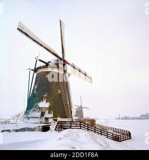 Paesi Bassi, Kinderdijk, Mulini a vento nella neve all'alba. Questo è un sito patrimonio dell'umanità dell'UNESCO Foto Stock