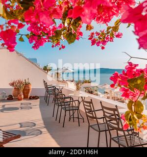 Vacanza estiva per la destinazione di viaggio fiori sfondo. Scenario meraviglioso, vacanza perfetta. Vista panoramica sulle tradizionali case delle cicladi Foto Stock