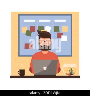 Uomo che lavora a distanza da casa. Illustrazione vettoriale. Illustrazione Vettoriale