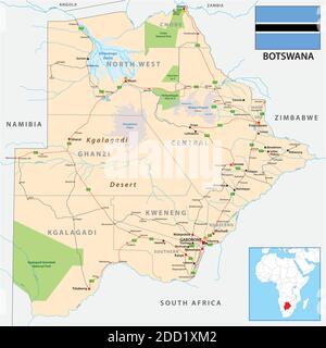 Strade e mappa amministrativa vettoriale del Botswana Illustrazione Vettoriale