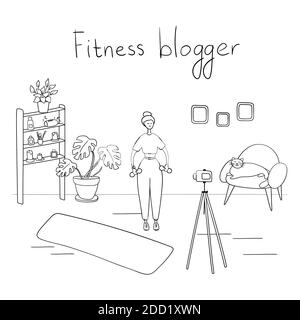 Fitness blogger. Giovane donna registra video. Sportswoman mostra esercizi sul blog. Internet STAR sta trasmettendo dal vivo per i suoi seguaci. Illustrazione vettoriale Illustrazione Vettoriale