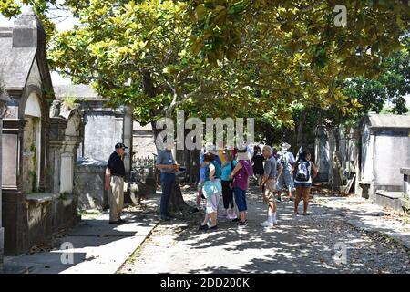 Un gruppo di visite guidate si riunisce sotto un albero nello storico Cimitero Lafayette n. 1 nel Garden District di New Orleans, USA. Foto Stock