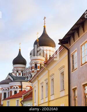 Città vecchia strada che conduce alla cattedrale di Alexander Nevsky. Tallinn in Estonia Foto Stock