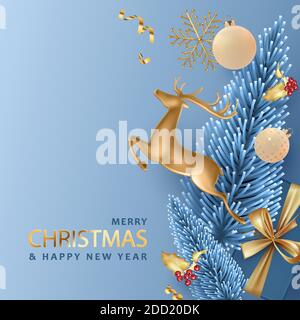 Buon Natale e felice anno nuovo carta realistica con salto cervo di Natale, abeti blu e decorazioni Illustrazione Vettoriale