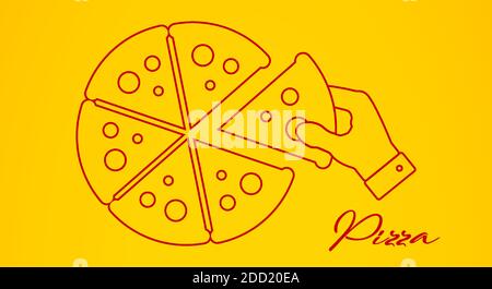 Mano prende una fetta di pizza. Illustrazione vettoriale a linea piatta. Illustrazione Vettoriale