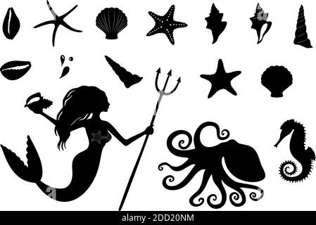 Collezione di fauna subacquea e sagome di inchiostro nero sirena isolato su bianco Illustrazione Vettoriale