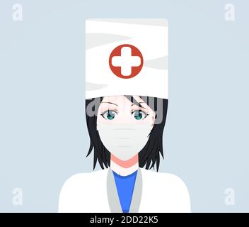 Cartoon volto di una donna dottore. Un insieme di ragazze di medici con emozioni diverse sui loro volti. Set di espressioni Vector Cartoon ANIME Style. Disegnato Illustrazione Vettoriale