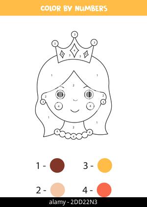 Pagina da colorare con vignetta regina per numeri. Gioco di matematica educativa per bambini. Illustrazione Vettoriale