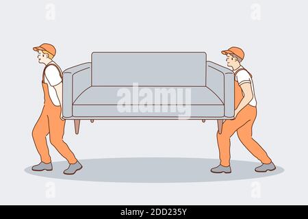 Supporto, aiuto, consegna, concetto di lavoro. Giovane squadra di forti lavoratori sorridenti movers professionisti cartoni animati che trasportano il divano insieme. Partnersh Illustrazione Vettoriale
