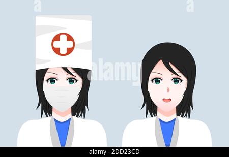 Cartoon volto di una donna medico in una maschera. Un insieme di ragazze di medici con emozioni diverse sui loro volti. Set di Vector Cartoon ANIME Style Illustrazione Vettoriale