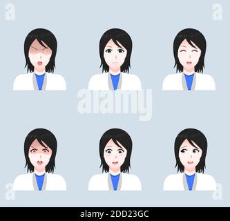 Cartoon volto di una donna dottore. Un insieme di ragazze di medici con emozioni diverse sui loro volti. Set di espressioni Vector Cartoon ANIME Style. Disegnato Illustrazione Vettoriale